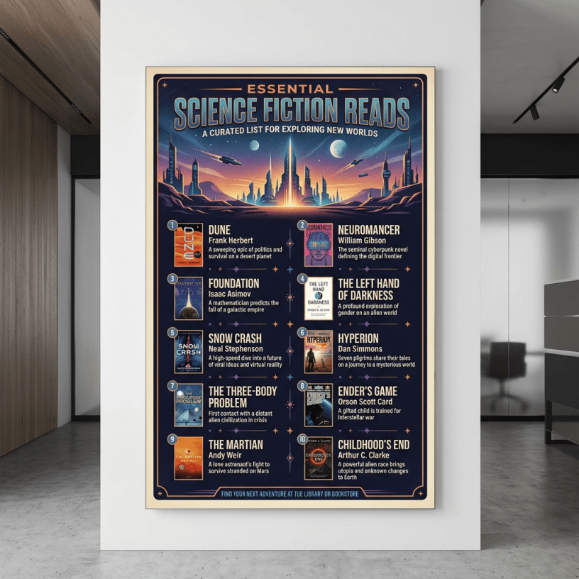 Poster listing ten essential science fiction books with titles, authors, and brief descriptions